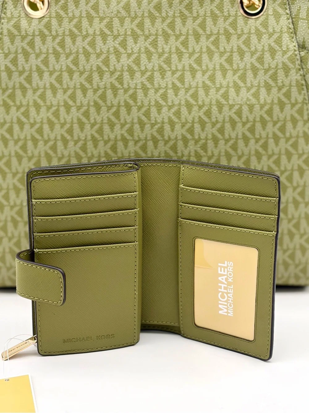 Michael Kors Olive Green MK Signature Chain Tote Shoulder Bag with Wallet Set